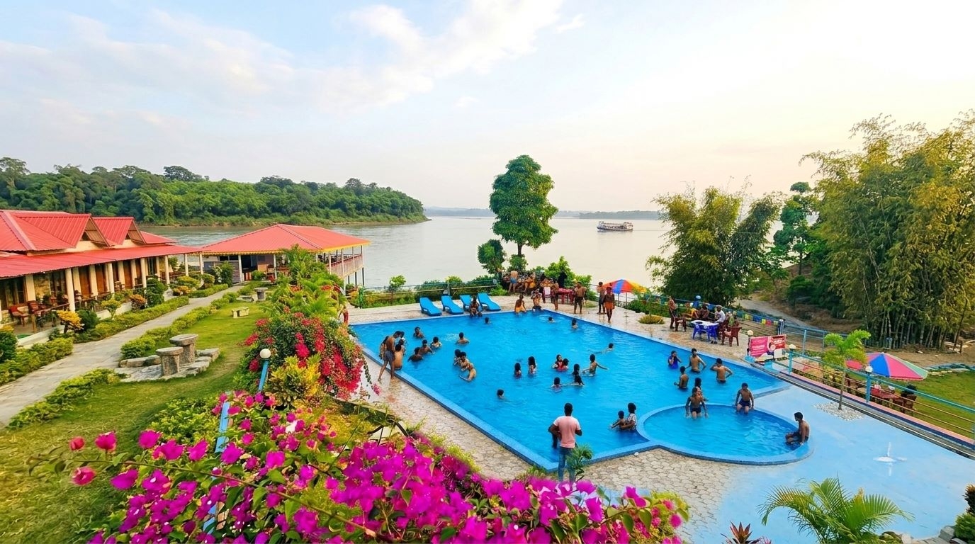 Swimming pool and gardens at Belaka Rivers Beach Resort